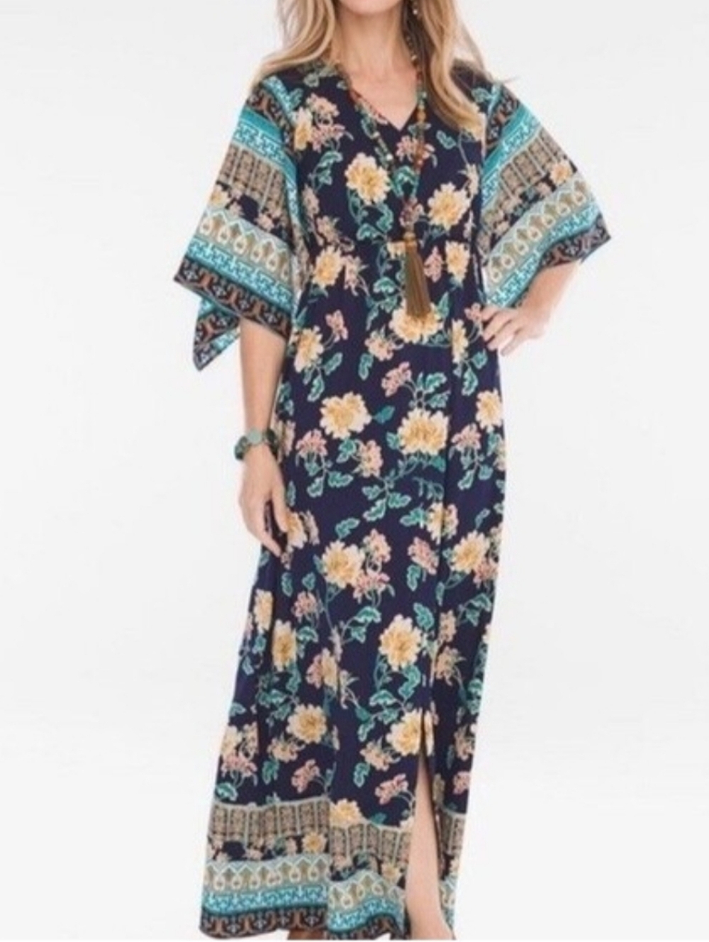 Chico's Floral Imperial Kimono Maxi Dress Size 1.5